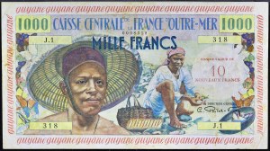 10 nowych franków z nadrukiem na 1000 franków typu 