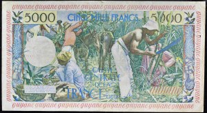 50 nouveaux francs surchargé sur 5000 francs type “Jeune antillaise” ND (1960).