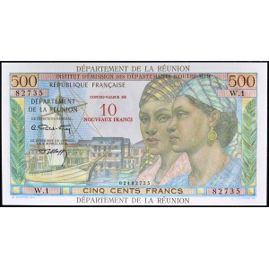 10 franchi nuovi sovrastampati su 500 franchi tipo Pointe à Pitre ND (1971).