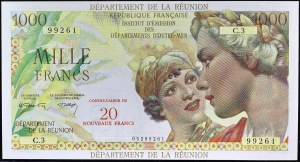 20 nouveaux francs surchargé sur 1000 francs type “Union française” ND (1971).