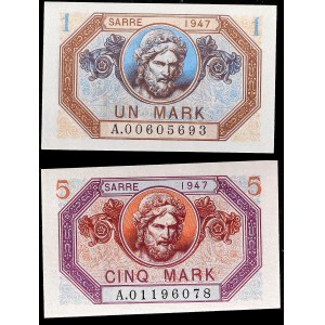 Lot (2) - 1 marka a 5 mariek typu Nemecko/Saarland 1947.