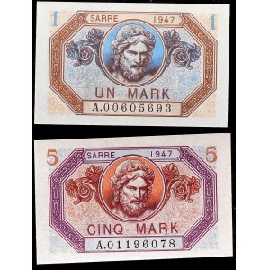 Lot (2) - 1 mark and 5 mark type Germany/Saarland 1947.