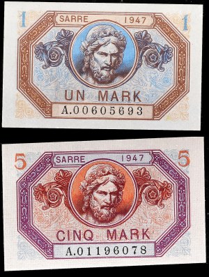 Lot (2) - 1 mark et 5 mark type “Allemagne/Sarre” 1947.