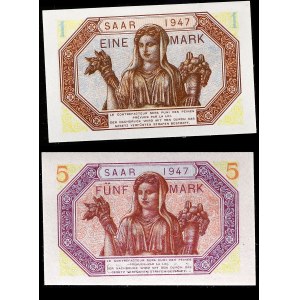 Lot (2) - 1 mark et 5 mark type “Allemagne/Sarre” 1947.