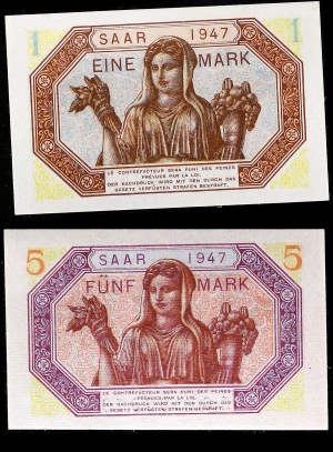 Lot (2) - 1 mark et 5 mark type “Allemagne/Sarre” 1947.