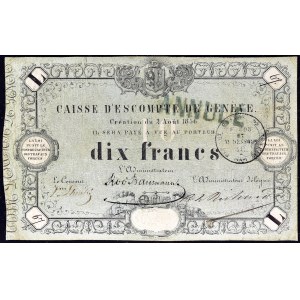 10 francs type “Caisse d’Escompte de Genève” 2 août 1856.