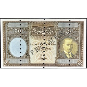 50 livres type “SPECIMEN” avec le portrait d’Atatürk découpé et recollé ND (1926) / AH (1341).