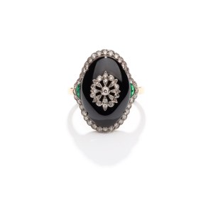 Ring with onyx, diamonds and emeralds 1960s-70s.