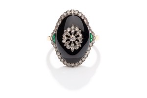 Ring with onyx, diamonds and emeralds 1960s-70s.