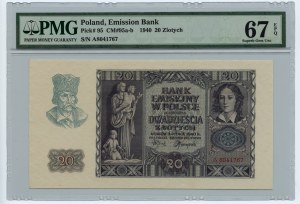 20 zlatých 1940 - Série A 8041767 - PMG 67 EPQ - max. 2ga bankovka