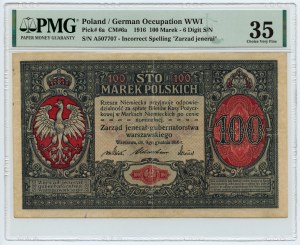 100 marks polonais 1916 - jenerał série A 507707, 6 figures - PMG 35