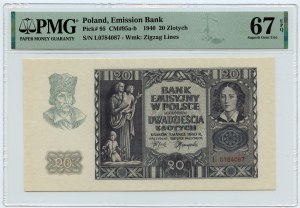 20 zlatých 1940 - séria L 0784087 - PMG 67 EPQ - 2. max. bankovka