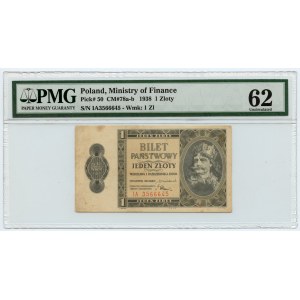 1 złoty 1938 - seria IA 3566645 - PMG 62 - kremowy papier