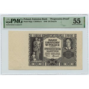 20 złotych 1940 - niedokończony druk, bez serii i numeracji - Progressive Proof PMG 55