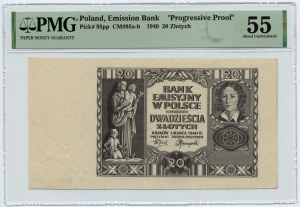 20 zlotých 1940 - nedokončená tlač, bez série a číslovania - Progressive Proof PMG 55