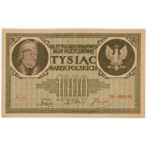 1,000 Polish marks 1919 - series J No. 000496 - VERY LOW NUMERATION