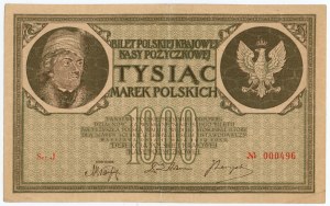 1.000 marek polskich 1919 - serja J Nr 000496 - BARDZO NISKA NUMERACJA