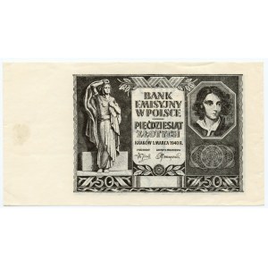 Stampa in nero del dritto del 50 zloty 1940 - senza serie e numerazione - filigrana differente