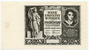 Schwarzer Druck der Vorderseite der 50 Zloty 1940 - ohne Serie und Nummerierung - anderes Wasserzeichen
