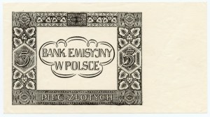5 złotych 1940-41 - czarnodruk na papierze PWPW - awers czysty