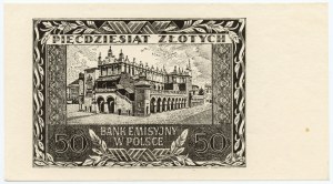 50 zloty 1940 - black print of the reverse - without series and numbering, paper without watermarks