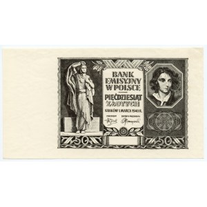 50 złotych 1940 - czarnodruk na papierze PWPW - rewers czysty