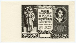 50 złotych 1940 - czarnodruk na papierze PWPW - rewers czysty