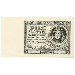 5 złotych 1940 - bez serii oraz numeracji ze znakiem wodnym - Czarnodruk awersu