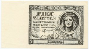 5 zloty 1940 - sans série ni numérotation avec filigrane - Avers imprimé en noir