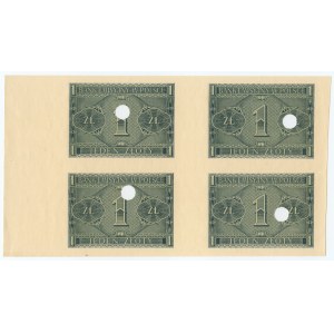 1 Zloty 1941 - ungeschnitten 4 Banknoten - unvollendeter Druck - radiert