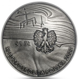 50 PLN 2022 - 100. výročie objavenia komplexu pravekých kremenných baní KRZEMIONKI - NGC MS 70 ANTIQUED