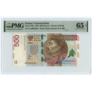 500 złotych 2016 - seria AA - niska numeracja 0002004 - PMG 65 EPQ