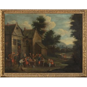 Vlámský malíř, 17. století,, Vlámský malíř, 17. století, Sedláci pijí před krčmou
