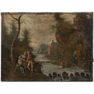 Pittore francese del 18° secolo, Pittore francese del 18° secolo Coppia nel paesaggio vicino a un fiume