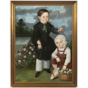 Pittore XIX secolo, Pittore XIX secolo Bambini con cesto di fiori