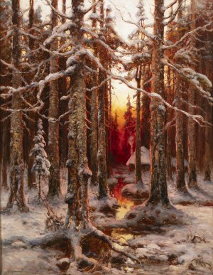 Julius Sergius von Klever (1850-1924), Julius Sergius von Klever (1850-1924) Forest in winter at sunset