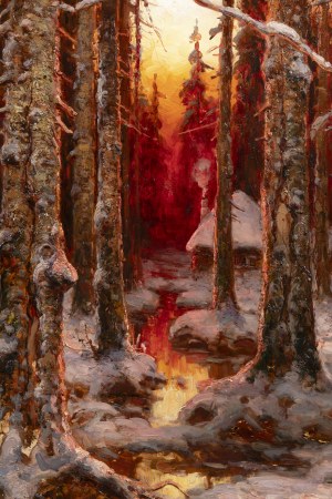 Julius Sergius von Klever (1850-1924), Julius Sergius von Klever (1850-1924) Forest in winter at sunset