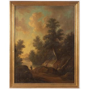 Malarz holenderski XVIII w., malarz holenderski XVIII w. Pejzaż ze spacerowiczem i jego psem
