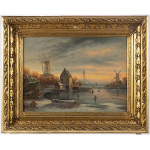 19th century painter, 19th century painter Ice skating on the lake