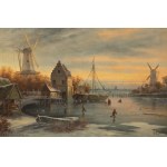 19th century painter, 19th century painter Ice skating on the lake