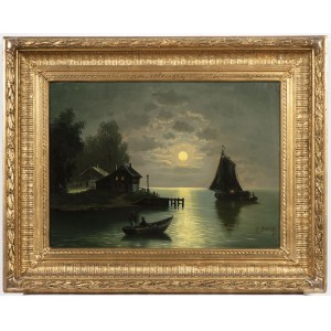 Peintre 19e siècle, Peintre 19e siècle Pleine lune sur un lac