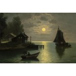 Peintre 19e siècle, Peintre 19e siècle Pleine lune sur un lac