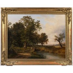 Joseph Feid (1806-1870 ), Joseph Feid (1806-1870 ) Paesaggio forestale con pastori e bovini