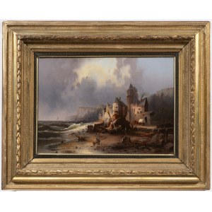 Peintre 19e siècle, Peintre 19e siècle Vue du port avec un personnel, la ville et les falaises