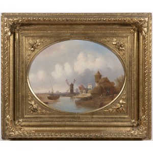 Painter 19th century, 19th century painter Flemish landscape with watermill & figures