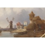 Painter 19th century, 19th century painter Flemish landscape with watermill & figures