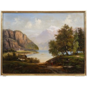 Pittore del XIX secolo, Pittore del XIX secolo . Paesaggio montano con lago