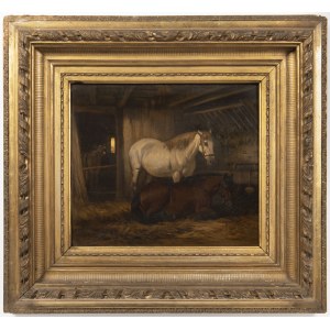 19th century painter, Painter 19th century Horses and a cow in a stable