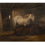 Peintre du 19e siècle, Peintre du 19e siècle Chevaux et vache dans une étable