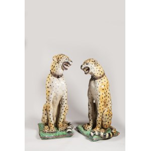 Taliansko okolo roku 1900, Pár keramických figúrok ,Gepardi, Taliansko okolo roku 1900 Pár gepardov z keramiky , výška 85 cm